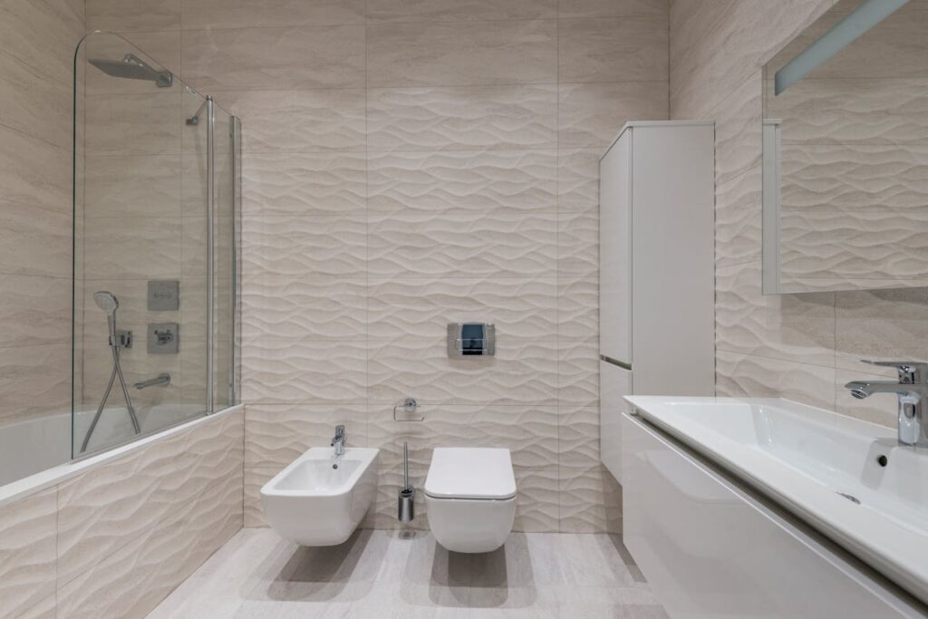 Elegant modern bathroom with minimalist design and stylish fixtures.